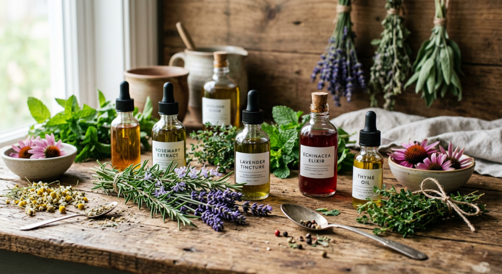 A professional, editorial-style close-up of fresh botanical herbs and glass bottles with herbal extr