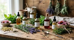 A professional, editorial-style close-up of fresh botanical herbs and glass bottles with herbal extr