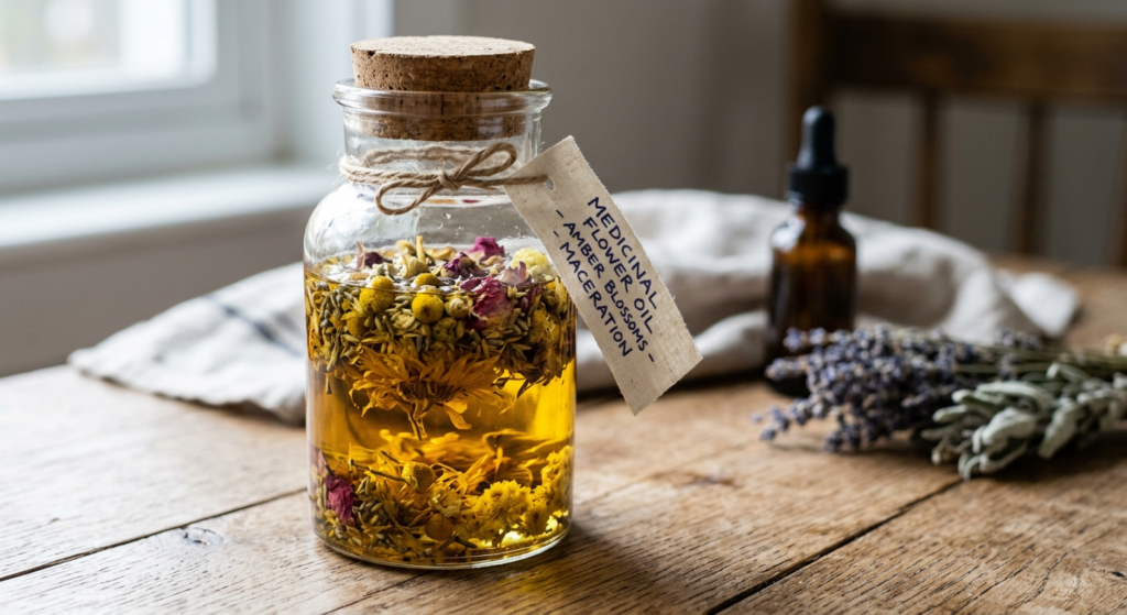 A professional, editorial-style close-up shot of dried medicinal flowers macerating in a glass jar f