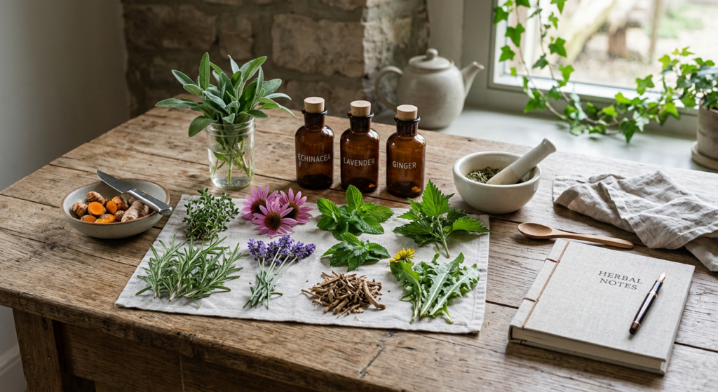 A professional, editorial-style composition featuring an assortment of fresh medicinal herbs and roo
