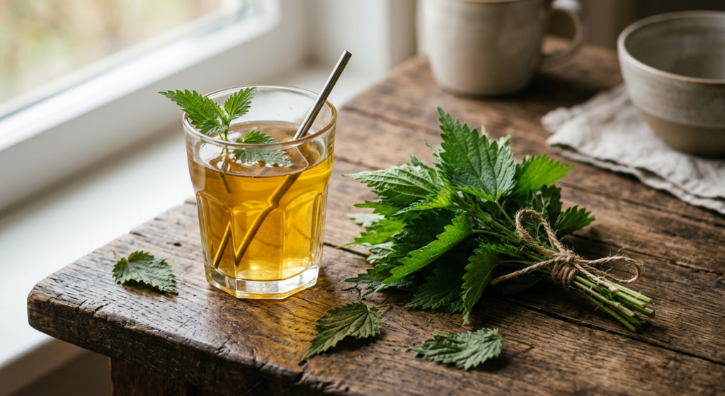 A professional editorial-style photograph featuring a glass of fresh, golden nettle infusion placed