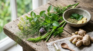A high-end editorial close-up of fresh medicinal herbs like peppermint, fennel, and ginger arranged