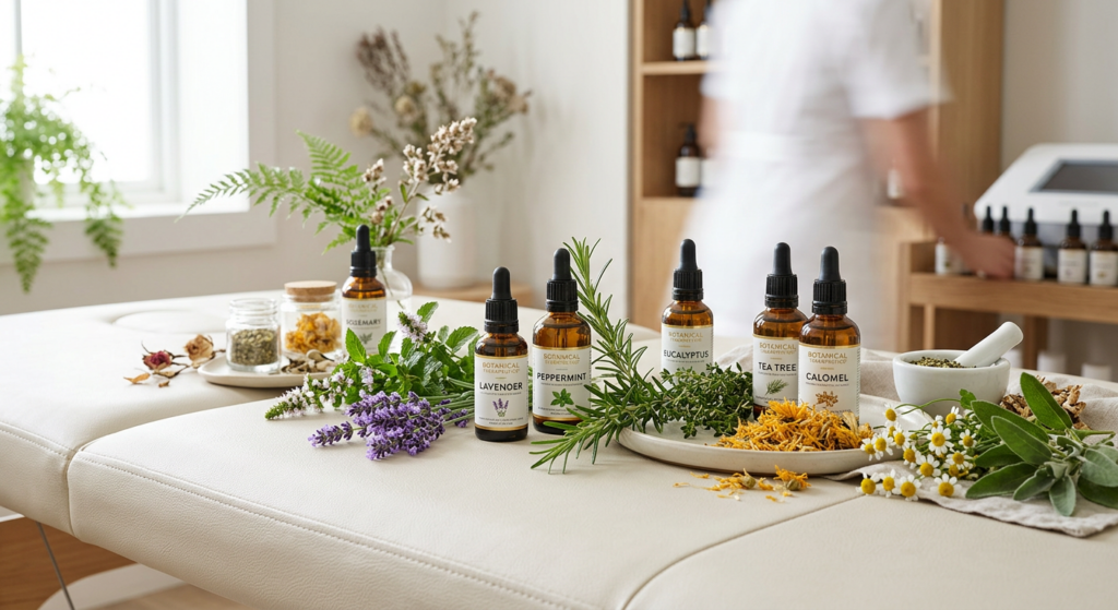 A high-end, professional editorial photograph of essential oil bottles and fresh medicinal herbs arr