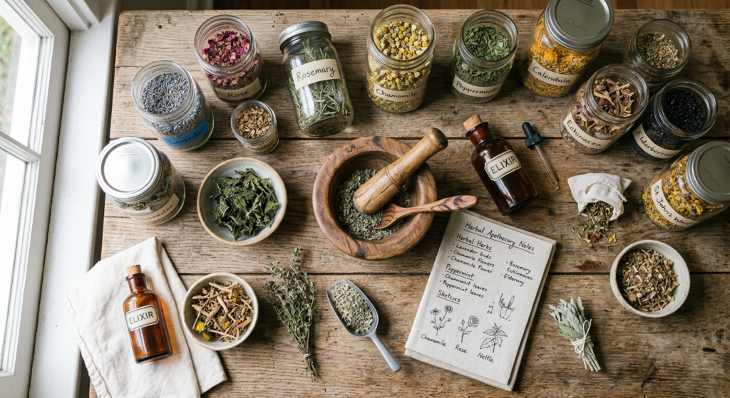 A professional, editorial-style flat lay photography of various dried medicinal herbs, glass jars, a