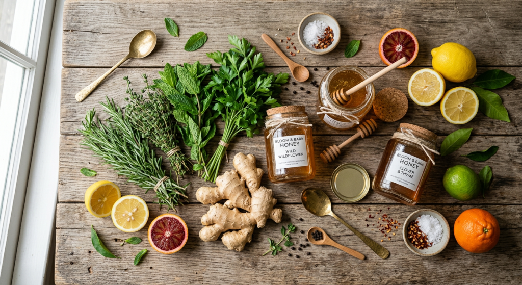 A high-quality, editorial-style flat lay of fresh herbs, ginger, citrus fruits, and glass jars of ho