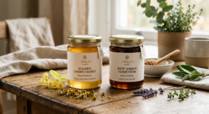 A clean, editorial-style composition featuring two elegant glass jars filled with golden linden hone