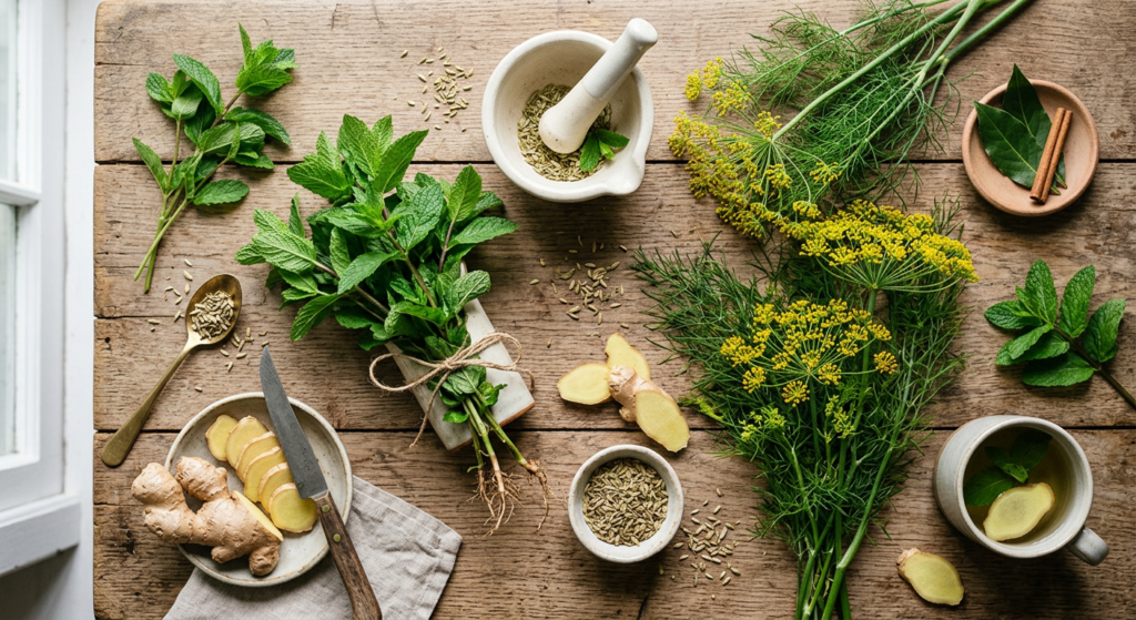 A professional, editorial-style flat lay photography of fresh digestive herbs like mint, fennel, and