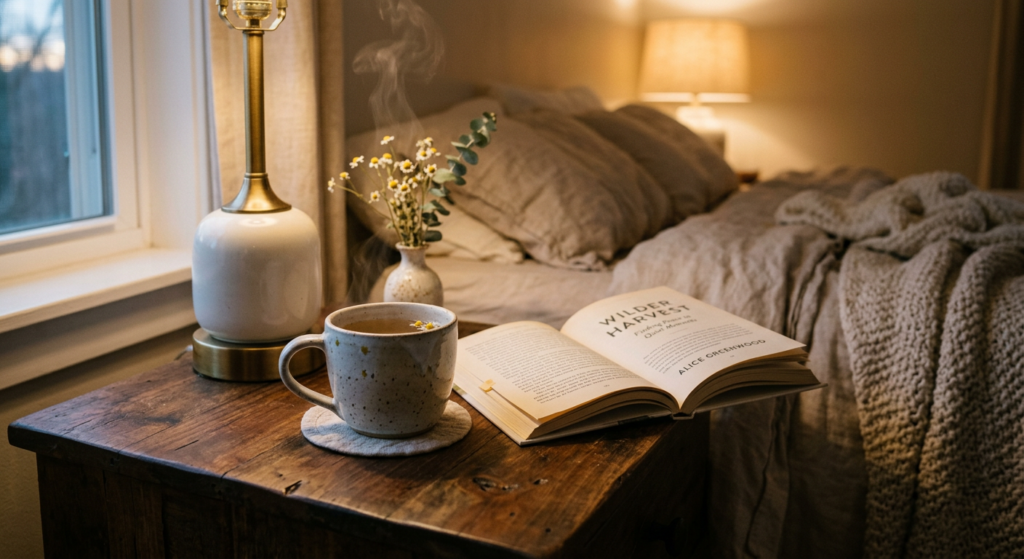 A high-quality, editorial-style photograph of a steaming cup of chamomile tea placed on a bedside ta