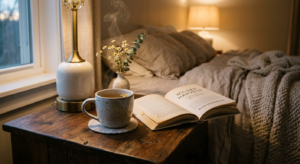 A high-quality, editorial-style photograph of a steaming cup of chamomile tea placed on a bedside ta
