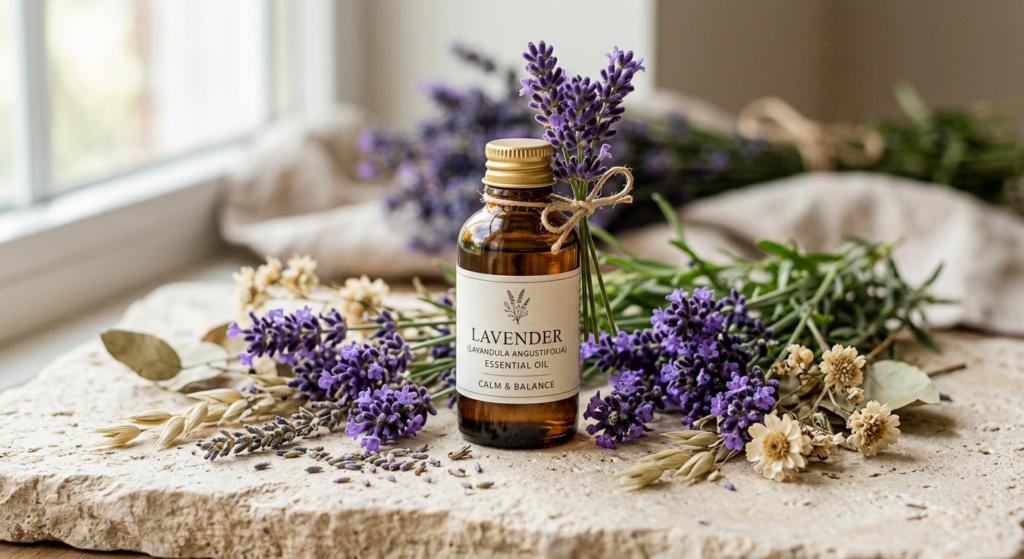 A professional, editorial-style composition featuring a clear glass amber bottle of lavender oil sur