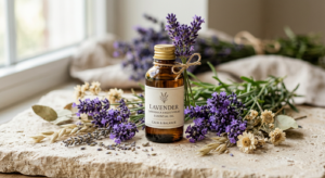 A professional, editorial-style composition featuring a clear glass amber bottle of lavender oil sur