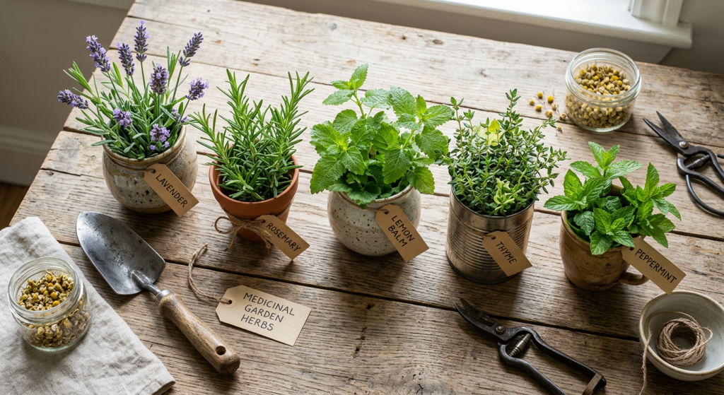 A professional, high-angle editorial shot of five different medicinal garden herbs arranged aestheti