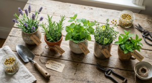 A professional, high-angle editorial shot of five different medicinal garden herbs arranged aestheti