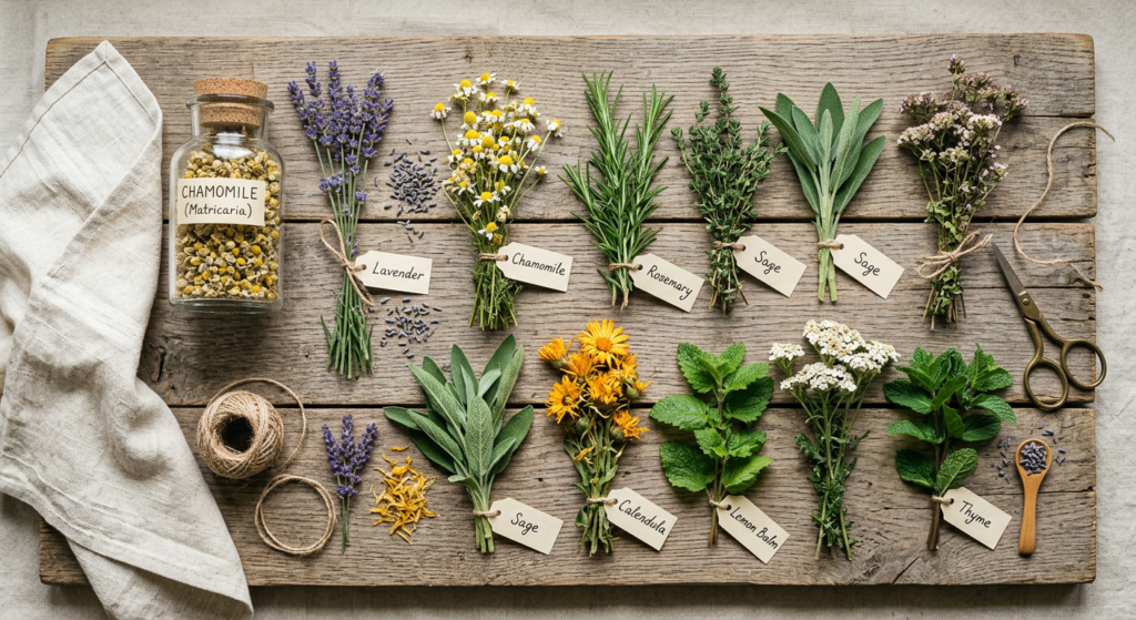 A professional, editorial-style flat lay photograph of various freshly picked medicinal herbs drying