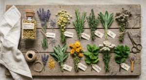 A professional, editorial-style flat lay photograph of various freshly picked medicinal herbs drying