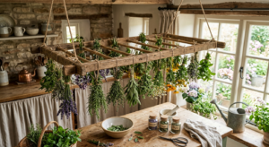 A high-angle, professional editorial shot of fresh medicinal herbs being air-dried on a rustic woode