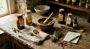 A high-quality, editorial-style flat lay of essential herbalist tools in a rustic kitchen setting, f