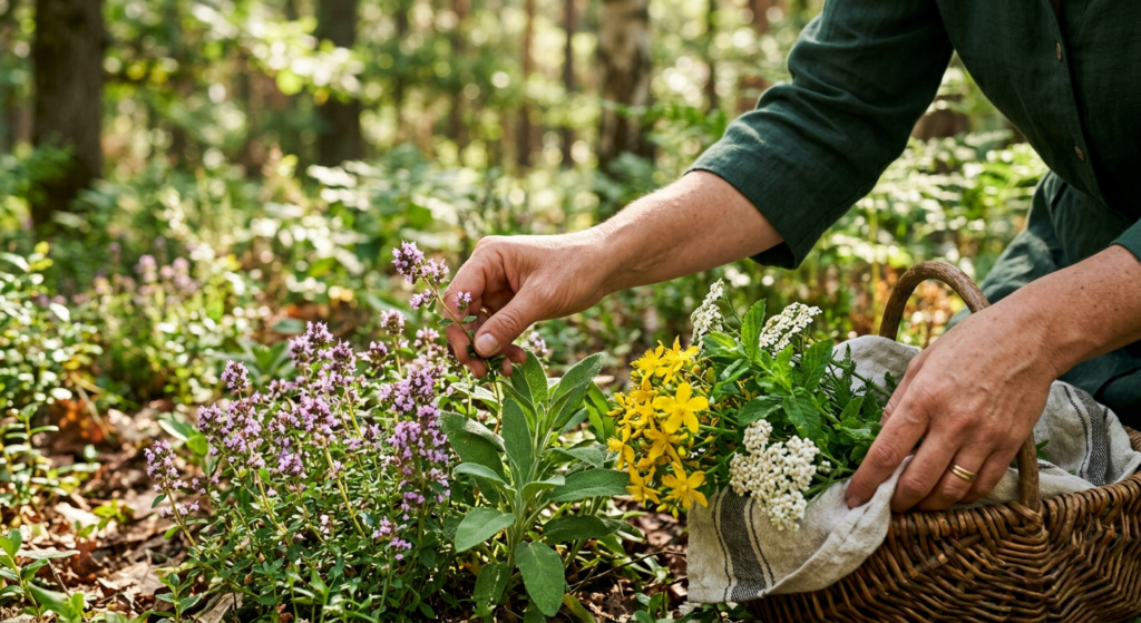 A professional, close-up editorial photograph of fresh, high-quality medicinal herbs being carefully