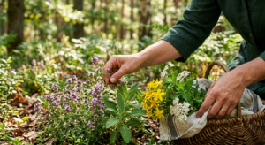 A professional, close-up editorial photograph of fresh, high-quality medicinal herbs being carefully
