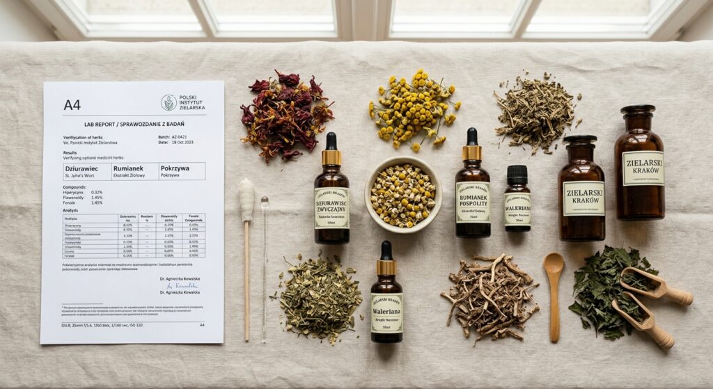 A professional, editorial-style flat lay featuring various dried Polish medicinal herbs, glass amber