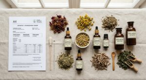 A professional, editorial-style flat lay featuring various dried Polish medicinal herbs, glass amber