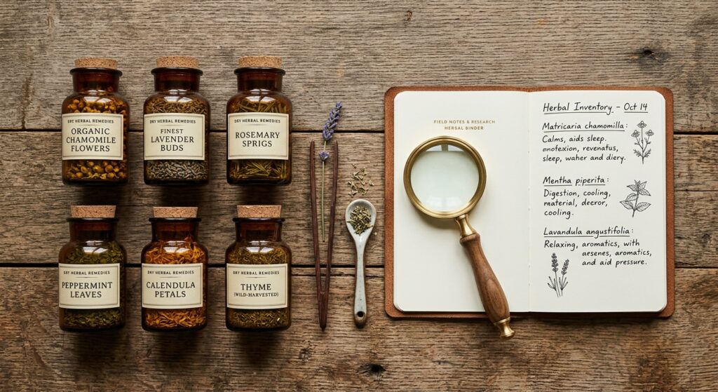 A flat-lay, editorial-style photograph of premium dried organic herbs in apothecary glass jars arran