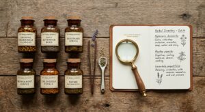 A flat-lay, editorial-style photograph of premium dried organic herbs in apothecary glass jars arran