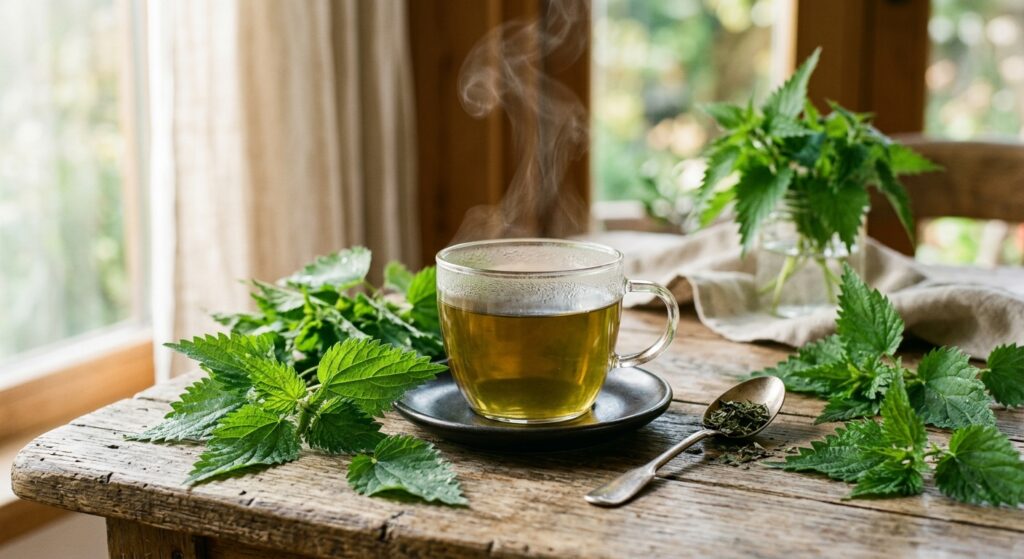 A high-quality, editorial-style photograph of a glass cup filled with steaming nettle infusion, surr