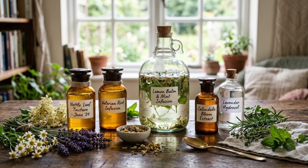 A high-quality, editorial-style composition featuring glass apothecary bottles containing golden her